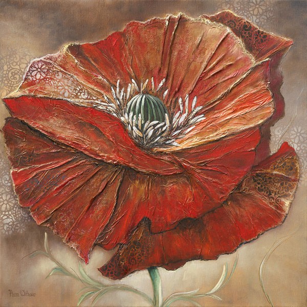 Rian Withaar, BOLD POPPY II (Blume, Blüte, Mohnblume,  Blütenblätter, Pflanzen, modern, zeitgenössisch, Treppenhaus, Wohnzimmer, Wunschgröße, Malerei, bunt)