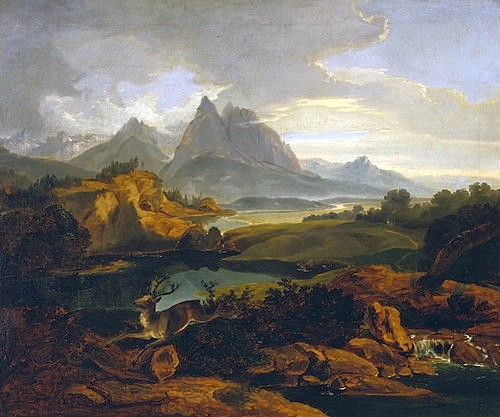 Carl Rottmann, Gebirgslandschaft mit fliehendem Hirsch (Um 1822) (Landschaftsmalerei, Berge, Gebirge, Hirsch, Wildtier, mythisch, episch, heroisch, Abendszene, stimmungsvoll, Malerei, Romantik, Klassiker, Wunschgröße,  Wohnzimmer, bunt)