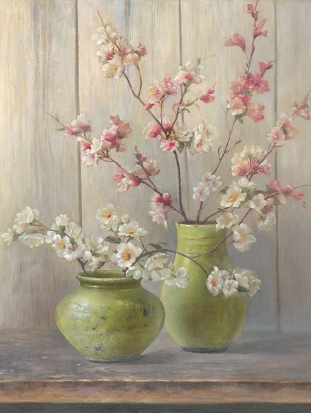 Jacky Reed, GREEN I (Stillleben, Blumenvasen, Kirschblüten, Apfelblüten, Blütenzweige, Holzwand, Frühling, Wunschgröße, Malerei, Wohnzimmer, Esszimmer, Treppenhaus, bunt)