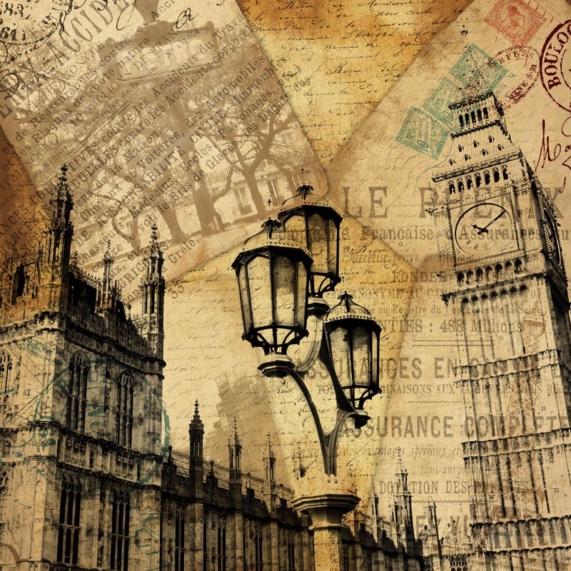 Jace Grey, YOUR LIFE SECTION II (Postkarte, Big Ben, Uhrturm, Wahrzeichen, London, Laterne, Nostalgie, Wunschgröße, Grafik, Wohnzimmer, Treppenhaus, sepia)