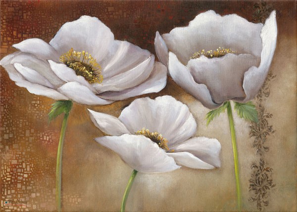 Rian Withaar, WHITE FLOWERS I (Blumen, Blüten,  weiße Mohnblumen, Pflanzen, modern, zeitgenössisch, Treppenhaus, Wohnzimmer, Wunschgröße, Malerei, bunt)