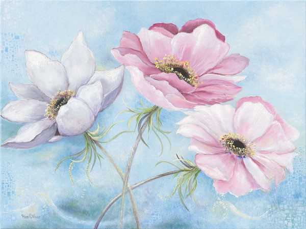 Rian Withaar, PASTEL FLOWERS II (Blumen, Blüten, zart, filigran, Pflanzen, modern, pastell, zeitgenössisch, Treppenhaus, Wohnzimmer, Wunschgröße, Malerei, bunt)