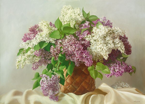 Igor Buzin, WHITE AND RED DELIGHT (Stillleben, Blumenvase, edel, Flieder, Bouquet, Blumen,  Floral, Blüten, zeitgenössisch, Malerei, Wohnzimmer, Esszimmer, Wunschgröße)