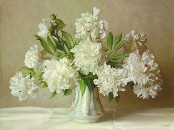 Igor Buzin, WHITE PEONIES (Stillleben, Blumenvase, edel, Pfingstrosen, Bouquet, Blumen,  Floral, Blüten, zeitgenössisch, Malerei, Wunschgröße, Wohnzimmer, Esszimmer, weiß)