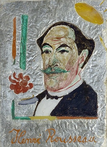 Franz Marc, Bildnis Henri Rousseau. 1911 (München,Städtische Galerie,Marc,Franz,1880-1916,Hinterglasmalerei,20. Jahrhundert,Marc,Franz Marc,Portait,Hinterglasbild,Mann,Herr,Gentleman,Fliege,Blume,Signatur,Schnurrbart,Silberfolie,Künstlerportrait,Künstlerportät)
