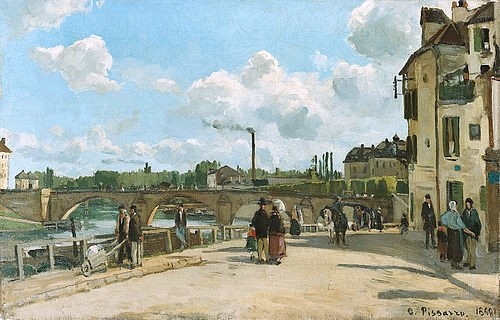 Camille Pissarro, Ansicht von Pontoise (Quai du Pothuis). 1868 (Impressionismus,19. Jahrhundert,1830-1903,Pissarro,Camille,Mannheim,Kunsthalle,Frankreich,Stadtszenerie,Pissarro, Camille 1830-1903, französischer impressionismus,Straßenszene,Schubkarre,Passanten,Fußgänger,Flussufer,Brücke,schornstein,Pontoise)