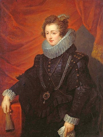Peter Paul Rubens, Bildnis der Elisabeth von Bourbon (Königin Elisabeth von Spanien). (Isabella von Spanien,  Königin, Geschichte, historisch, Portrait, Halskrause, Fächer, Eleganz,  Barock, Klassiker, Malerei, Treppenhaus, Wohnzimmer, Wunschgröße, bunt)