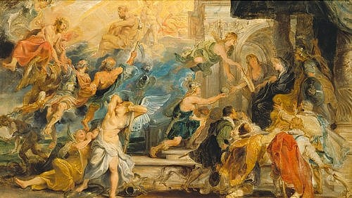 Peter Paul Rubens, Medici-Zyklus: Apotheose Heinrichs IV. und Proklamation der Regentschaft 1610. (König, Verherrlichung, Heinrich IV., Gesellschaft, Barock, Klassiker, Malerei, Treppenhaus, Wohnzimmer, Wunschgröße, bunt)