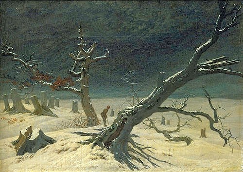 Caspar David Friedrich, Winterlandschaft. 1811 (Friedrich,Caspar David,1774-1840,Schwerin,Staatliches Museum,Öl auf Leinwand,Friedrich, Caspar David Friedrich,19. Jahrhundert,Romantik,karg,kahl,Winter,Bäume,Baum,Schnee,Dunkelheit,dunkel,Baumstumpf,Baumstümpfe,hoffnungslos,Baumsterben,abgestorben,blattl)