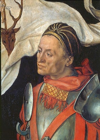 Albrecht Dürer, Der hl.Eustachius. Kopfdetail aus der re.Tafel des Paumgartner Altars. (München,Alte Pinakothek,Dürer,Albrecht,1471-1528,Heiliger Eustachius,Dürer, Albrecht 1471-1528, Bayerische Staatsgemäldesammlungen)