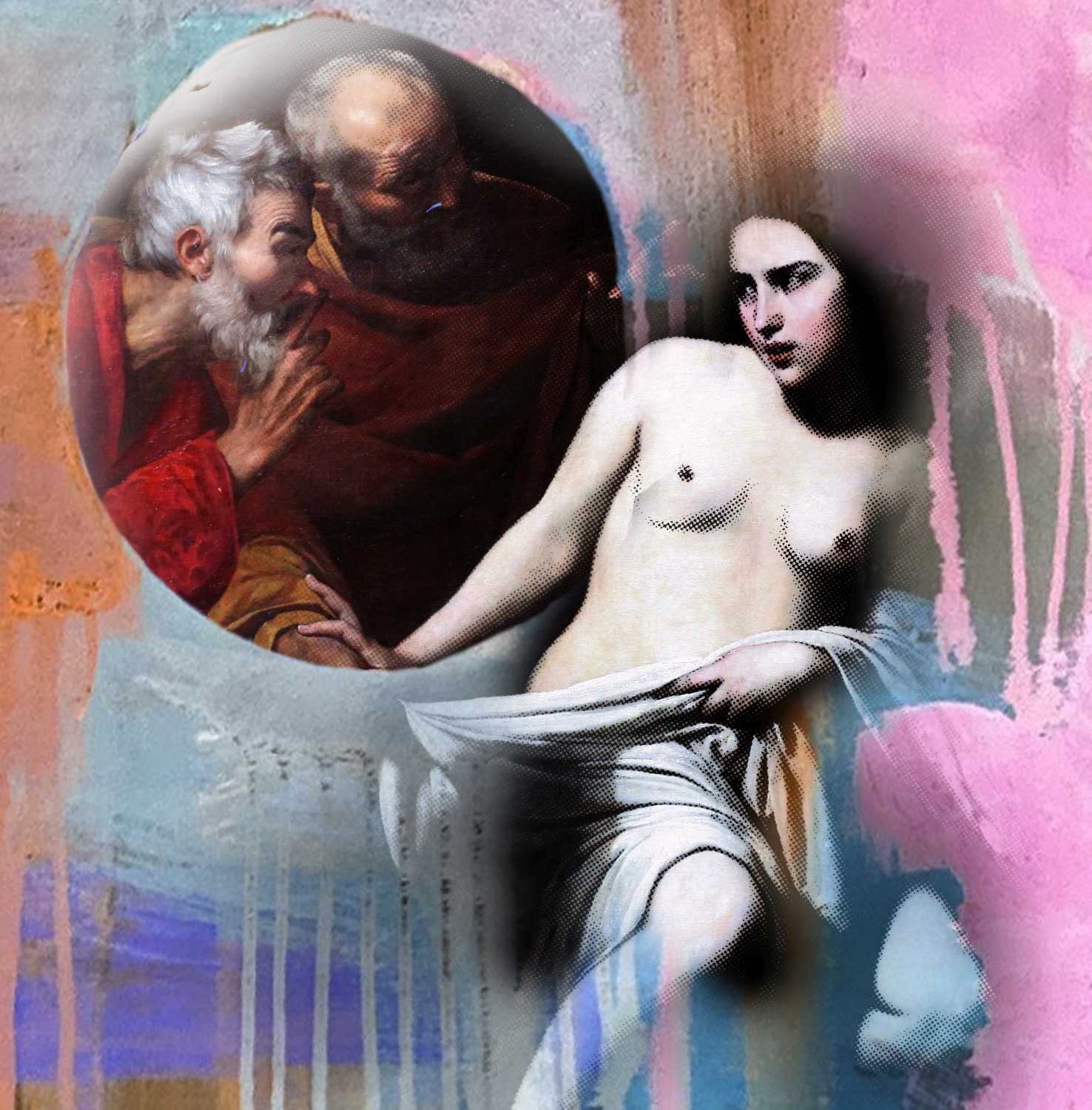 Peter Sander, Susanna im Bade (Adaption, Massimo Stazione, Gemälde, zwi alte Männer, nackte Frau, Aktmalerei, Popart Künstler, modern, illustrativ, Wunschgröße, Treppenhaus, Wohnzimmer,)