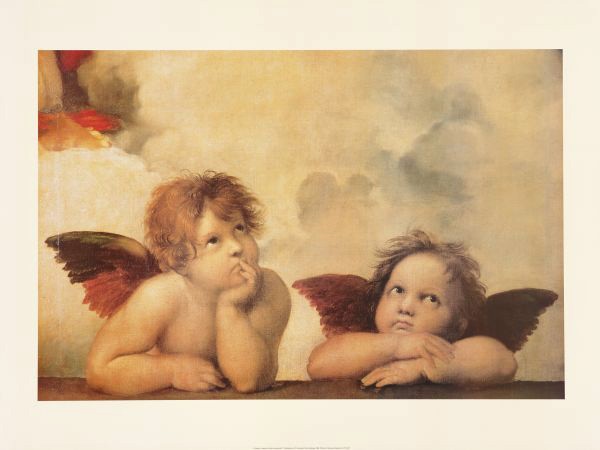 Raffael, Zwei Engel (Klein Cherubini) (Offset) (Klassiker, Sixtinische Madonna, Engel, Putte, Renaissance, Malerei, Wohnzimmer, Schlafzimmer, Treppenhaus,  bunt)
