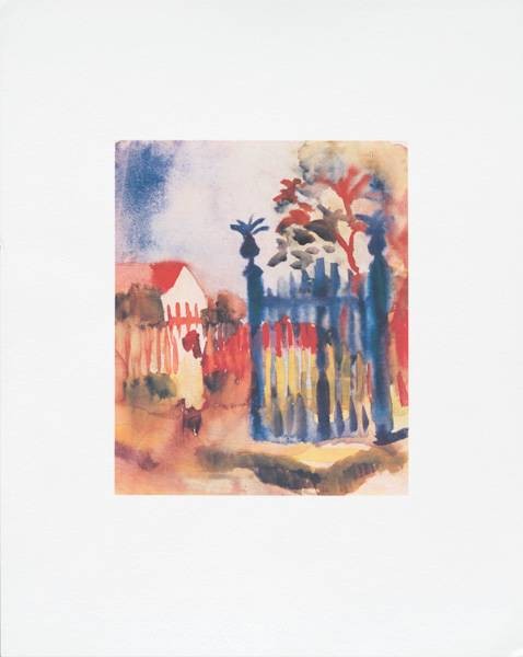 Macke August Gartentor (1914) (Frequenzmodulierte Rastertechnik) (Malerei, Expressionismus, Garten, Pflanzen, Landschaft, Zaun, Tor, Aquarell,  Wohnzimmer, Treppenhaus, Wintergarten, Klassische Moderne, bunt)