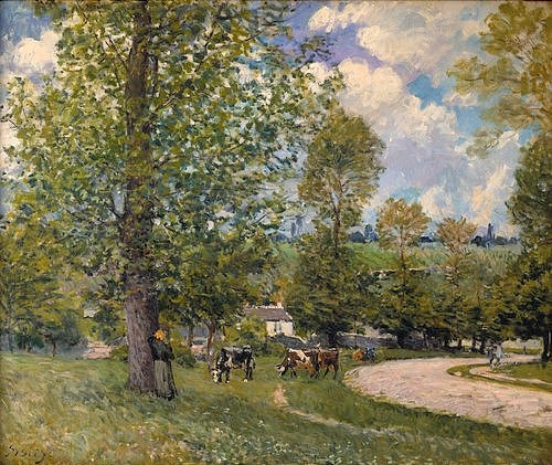 Alfred Sisley, Weideplatz mit Rindern bei Louveciennes. 1874 (Sisley,Alfred,Christie's Images Ltd,1839-1899,19. Jahrhundert,Sommer,Baum,Bäume,Sisley, Alfred Sisley,Impressionismus,Weg,Natur,Idylle,Kühe,Kuehe,weiden,grün,bewaldet,Vieh,ländlich,Weideland,auf dem Land,dörflich,Landschaft)