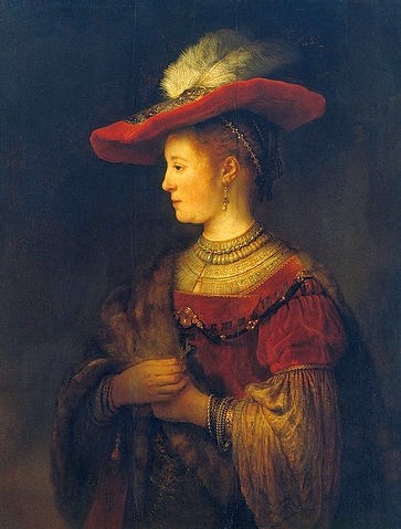 Rembrandt van Rijn, Bildnis der Saskia van Uylenburgh, der Gattin des Künstlers. 1633/34 (Rembrandt van Rijn,1606-1669,Kassel,Staatliche Gemäldegalerie,Eichenholz,Kopfbedeckungen,Frau,jung,Frauen,Rembrandt van Rijn,rot,dame,profil,Porträt)