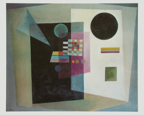 Wassily Kandinsky, Behauptend (1926) (Klassische Moderne, Malerei, abstrakte Kunst, geometrische Formen,  Linien, Kreise, Dreiecke, Balken, Bögen, Wohnzimmer, Büro, Arztpraxis, bunt)
