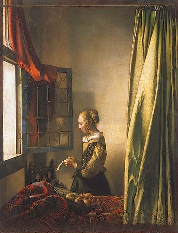 Jan Vermeer van Delft, Briefleserin am offenen Fenster. Um 1658 (Dresden,Gemäldegalerie,17. Jahrhundert,1632-1675,Vermeer van Delft,Jan,Lwd.,Vermeer van Delft, Jan Vermeer Barock ,Lesen,Leserin Fenster,brief,mädchen,frau,junge,zimmer,fenster,vorhang Interieur Teppich Fensterscheibe Glas Profil)