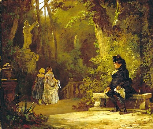 Carl Spitzweg, Der Witwer. Um 1860 (Spitzweg,Carl,1808-1885,München,Neue Pinakothek,Lwd.,Spitzweg,Carl Spitzweg,19. Jahrhundert,Witwer,deutsche Romantik,Romantik,Park,Garten,Parkbank,Bank,Mann,Frauen,Frau,Biedermeier,Medaillon,Taschentuch,Statue,Hut,Zylinder,Trauerkleidung,Trauerstaat,nachb)