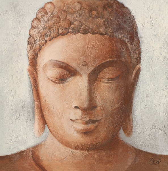 Verbeek & Van den Broek, SERENITY II (Malerei, modern, Buddha, Statue, Buddhakopf, Buddhismus, Religion, Wunschgröße, Wohnzimmer, Schlafzimmer, Wellness, Treppenhaus, beige / braun)