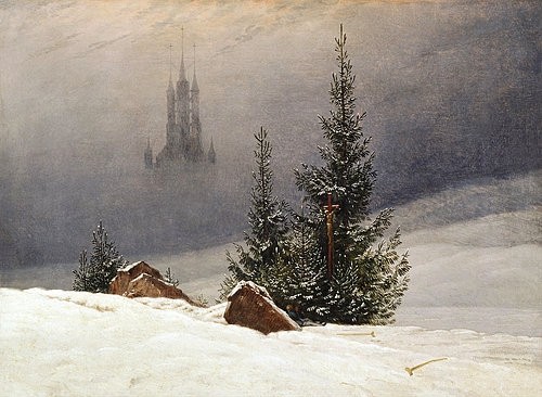 Caspar David Friedrich, Winterlandschaft mit Kirche. 1811 (Friedrich,Caspar David,1774-1840,Dortmund,Städtisches Museum,19. Jahrhundert,Romantik,Winter,Kirche,Kirchturm,Bäume,Tannen,Tannenbäume,Friedrich, Caspar David Friedrich, 1774-1840,Schnee,Nebel,kälte,niemand,verlassen,Ruhe,Stille Nacht)