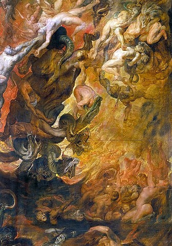 Peter Paul Rubens, Höllensturz der Verdammten. Detail mitte rechts. (Inferno, Jüngstes Gericht, Höllensturz, Sünder, Verdammte, Apokalypse, Hölle, Barock, Klassiker, Malerei, Treppenhaus, Wohnzimmer, Wunschgröße, bunt)