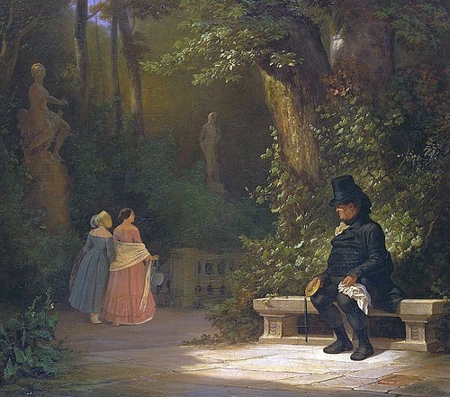 Carl Spitzweg, Der Witwer. 1844 (Spitzweg,Carl,1808-1885,Städel Museum,Frankfurt am Main,Öl auf Leinwand,Spitzweg,Carl Spitzweg,19. Jahrhundert,Witwer,deutsche Romantik,Romantik,Park,Garten,Parkbank,Bank,Mann,Frauen,Frau,Biedermeier,Medaillon,Taschentuch,Statue,Hut,Zylinder,Trauerkleidun)