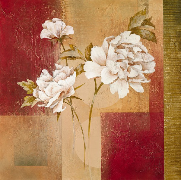 Verbeek & Van den Broek, SHIMMERING BLOOM (Malerei, modern, abstrakte Malerei, Farbflächen, Rechtecke, Blumen, Blüten, Wunschgröße, Wohnzimmer, Treppenhaus, rot/gold)