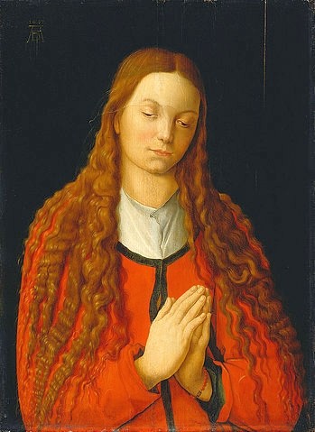 Albrecht Dürer, Betende Maria (""Fürlegerin"")."" (Alte Pinakothek,Lindenholz,(Tilia sp.),Kopie nach,Dürer,Albrecht,1471-1528,Bayer. Staatsgemäldesammlungen,Frau, Jung,Haar,Beten,Dürer, Albrecht (Kopist),frau,jung,porträt,locken,beten,gebet,Katharina Fürlegerin,offenes Haar,langes Haar,lange Haare)