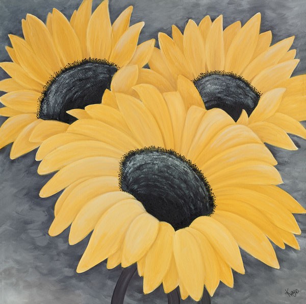 Kaye Lake, SUNFLOWER SERENADE I (Blumen, Blüten, Sonnenblumen, Sommer,  Natur, Wohnzimmer, Treppenhaus, Schlafzimmer, Malerei, Zeitgenössisch,  Wunschgröße, leuchtend gelb)