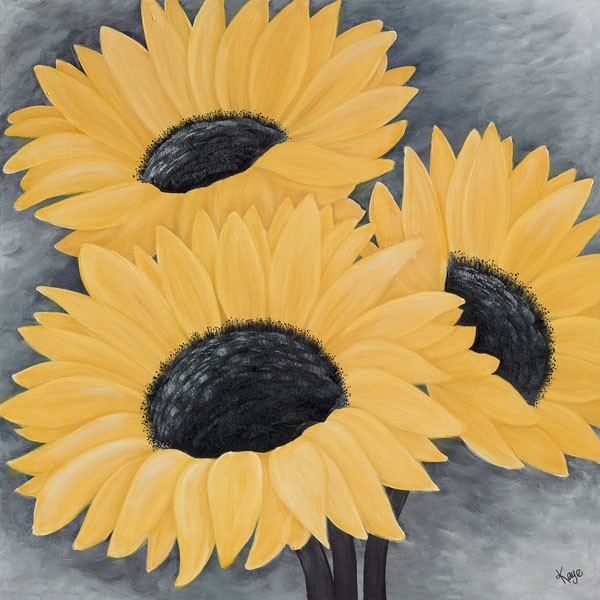 Kaye Lake, SUNFLOWER SERENADE II (Blumen, Blüten, Sonnenblumen, Sommer,  Natur, Wohnzimmer, Treppenhaus, Schlafzimmer, Malerei, Zeitgenössisch,  Wunschgröße, leuchtend gelb)