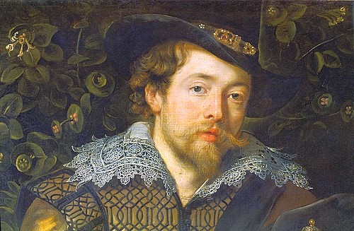 Peter Paul Rubens, Selbstbildnis um 1610. Detail aus Rubens und Isabella Brant in der Geiß- (Rubens, Selbstportait, junger Mann, Spitzenkragen, Hut, edel, Detail, Geisblattlaube, Barock, Klassiker, Malerei, Treppenhaus, Wohnzimmer, Wunschgröße, bunt)