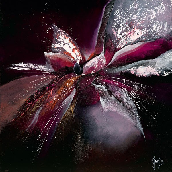 Mondriaux, FLEUR DE LUNE II (Malerei, Abstrakt, Blume, Mondblume, Energie, Bewegung, Explosion, Wohnzimmer, Büro, Arztpraxis, Wunschgröße, bordeaux)