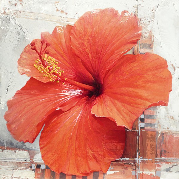 Enrico Sestillo, HIBISCUS I (Modern, Malerei, Fotorealismus, Pflanze, Blume, Blüte, Blütenblätter, Wohnzimmer, Schlafzimmer, Wunschgröße, rot)