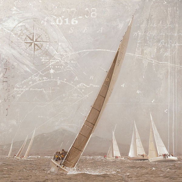 Marteen Gieben, YACHTING I (Malerei, Meeresbrise, Segelragatta, Segelboot, Regatta, Wind, Brise, Segelyacht, Büro, Wohnzimmer, Wunschgröße, grau / braun)