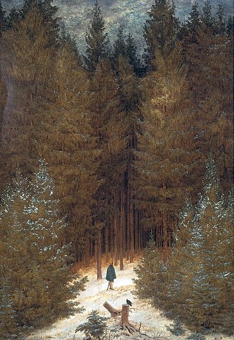 Caspar David Friedrich, Chasseur im Walde. Um 1813/14 (Romantik,19. Jahrhundert,1774-1840,Friedrich,Caspar David,Privatbesitz,Winter,Wald,Friedrich, Caspar David 1774-1840,Tanne,Tannen,Tannebäume,Jäger)