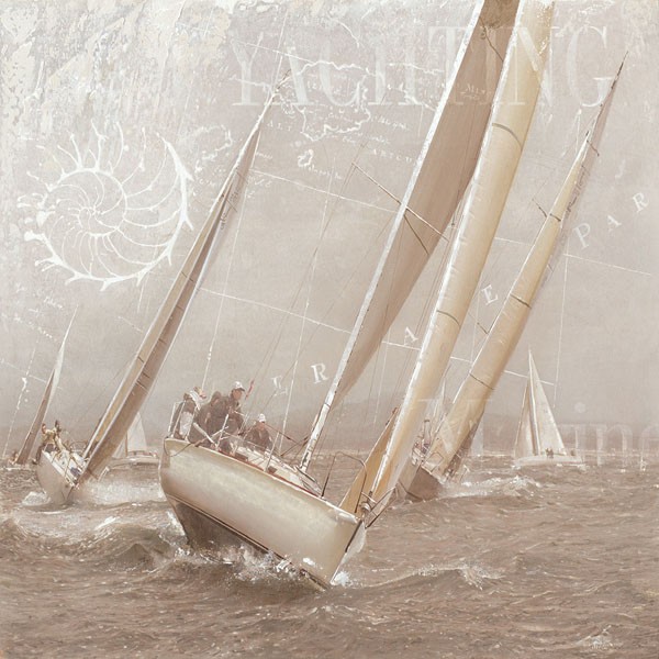 Marteen Gieben, YACHTING II (Malerei, Meeresbrise, Segelragatta, Segelboot, Regatta, Wind, Brise, Segelyacht, Büro, Wohnzimmer, Wunschgröße, grau / braun)