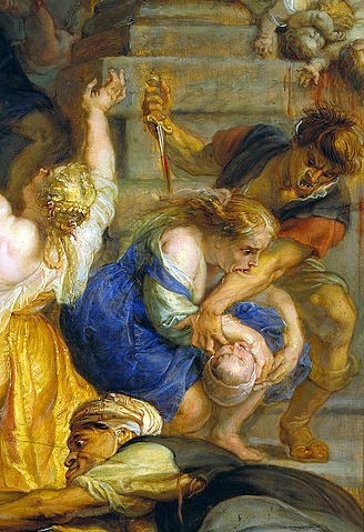 Peter Paul Rubens, Der Bethlehemitische Kindermord (Detail). Um 1636/38 (Kindermord, Bethlehem, Mörder, Mütter, Verzweiflung, Drama, tote Kinder, Neues Tetament, Religion, Christentum, Barock, Klassiker, Malerei, Treppenhaus, Wohnzimmer, Wunschgröße, bunt)