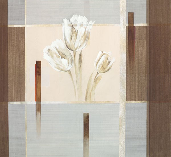 Verbeek & Van den Broek, SILVER-DREAM II (Wunschgröße, Malerei, modern, abstrakte Malerei, Farbflächen, geometrische Formen, Blumen, Tulpen, Blüten, Wohnzimmer, Treppenhaus, Schlafzimmer, braun/beige)