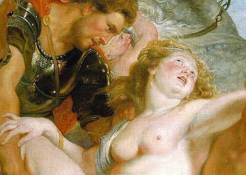 Peter Paul Rubens, Detail aus dem Gemälde Raub der Töchter des Leukippos. (Entführung, Frauenraub, Hilaeira und Phoibe, Mythologie, Blondine, Detail,  Barock, Klassiker, Malerei, Treppenhaus, Wohnzimmer, Wunschgröße, bunt)