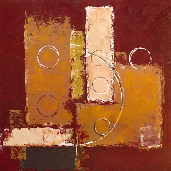 David Sedalia, CIRCLES ON RED-BROWN I (Zeitgenössisch, Abstrakt, Abstrakte Malerei, Farbfelder, geometrische Muster, Kreise Rechtecke, Wohnzimmer, Büro, Business, Wunschgröße, gold/rot/braun)