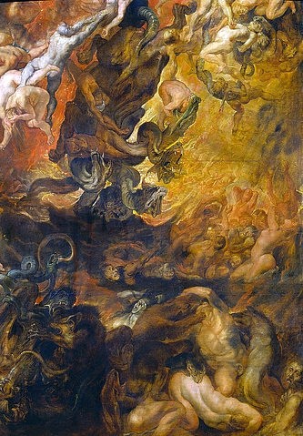 Peter Paul Rubens, Höllensturz der Verdammten. Detail mitte rechts. (Inferno, Jüngstes Gericht, Höllensturz, Sünder, Verdammte, Apokalypse, Hölle, Barock, Klassiker, Malerei, Treppenhaus, Wohnzimmer, Wunschgröße, bunt)