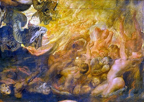 Peter Paul Rubens, Höllensturz der Verdammten. Detail rechts unten. (Inferno, Jüngstes Gericht, Höllensturz, Sünder, Verdammte, Apokalypse, Hölle, Barock, Klassiker, Malerei, Treppenhaus, Wohnzimmer, Wunschgröße, bunt)