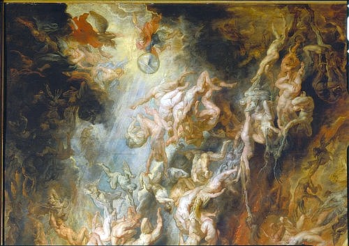 Peter Paul Rubens, Höllensturz der Verdammten. Detail oben mitte. (Inferno, Jüngstes Gericht, Höllensturz, Sünder, Verdammte, Apokalypse, Hölle, Barock, Klassiker, Malerei, Treppenhaus, Wohnzimmer, Wunschgröße, bunt)