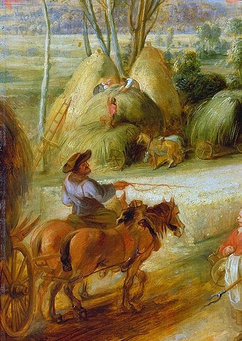 Peter Paul Rubens, Landschaft mit Regenbogen. Detail links unten: Pferdegespann. (Landschaft, Heuernte, Feldarbeit, Landwirtschaft, Pferdegespann, bäuerliche Szene, Barock, Klassiker, Malerei, Treppenhaus, Wohnzimmer, Wunschgröße, bunt)