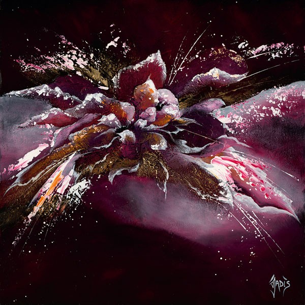 Mondriaux, FLEUR DE LUNE I (Malerei, Abstrakt, Blume, Mondblume, Energie, Bewegung, Explosion, Wohnzimmer, Büro, Arztpraxis, Wunschgröße, bordeaux)