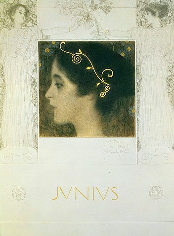 Gustav Klimt, Reinzeichnung für die Allegorie Junius 1896. (Schwarze Kreide u. Bleistift, gewischt, Frau, jung, Juni, profil, Jugendstil, zart, Girlande, Art Nouveau, Wiener Sezession, Mädchenkopf, Malerei, Zeichnungen, Wunschgröße, Schlafzimmer, Wohnzimmer,)