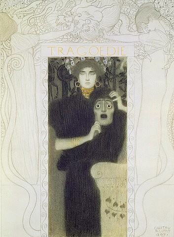 Gustav Klimt, Reinzeichnung für die Allegorie der 'Tragödie'. 1897 (Jugendstil, Wiener Sezession, Maske, Frau,  Tragödie, Schauspiel, Rahmen, Drachen, Malerei, Zeichnung, Wohnzimmer, Theater, Wunschgröße)