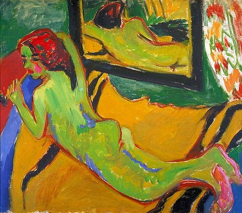 Ernst Ludwig Kirchner, Liegender Akt vor Spiegel. 1909/10 (Kirchner,Ernst Ludwig,1880-1938,Berlin,Brücke-Museum,Öl auf Leinwand,20. Jahrhundert,Kirchner, Ernst Ludwig Kirchner,Expressionismus,expressionistisch,weiblicher Akt,Spiegel,grün,liegend,liegen,auf dem Bauch,akt,rothaarig,Spiegelbild,Rückenakt,gelb,Decke,)