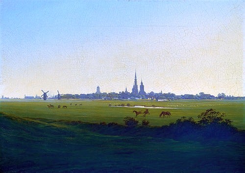 Caspar David Friedrich, Wiesen bei Greifswald. Um 1822. (Friedrich,Caspar David,Hamburg,Kunsthalle,1774-1840,Mecklenburg,Stadtlandschaften,Wiesen,Friedrich)