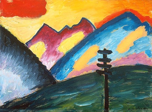 Alexej von Jawlensky, Einsamkeit. 1912. (Landschaft, Berge, Telefonmast, Expressionismus, Klassische Moderne, Wohnzimmer, Treppenhaus, Wunschgröße, bunt)